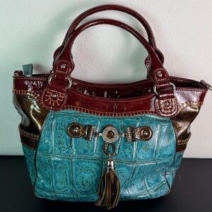 Marc Chantal Croc-Embossed Satchel with Tassel and Rhinestone Detail